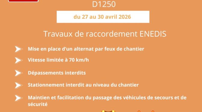 Travaux sur la D1250 : circulation réglementée du 27 au 30 avril 2026